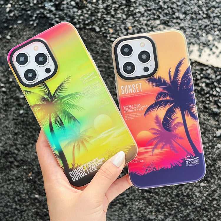 For iPhone 15 Pro SUNSET Coconut Tree Dual-side Laminating Laser Phone Case(Red) - HoMEdemic™ 