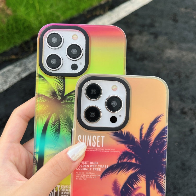 For iPhone 15 Pro SUNSET Coconut Tree Dual-side Laminating Laser Phone Case(Red) - HoMEdemic™ 