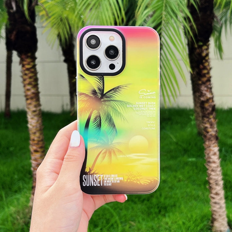For iPhone 15 Pro SUNSET Coconut Tree Dual-side Laminating Laser Phone Case(Yellow) - HoMEdemic™ 