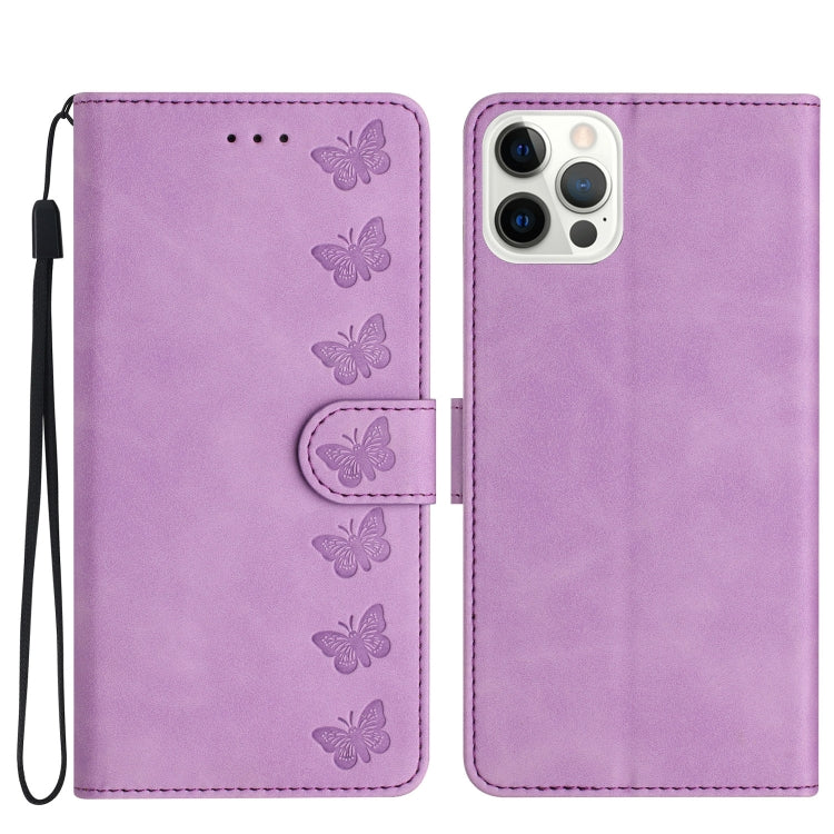 For iPhone 15 Pro Seven Butterflies Embossed Leather Phone Case(Purple) - HoMEdemic™ 