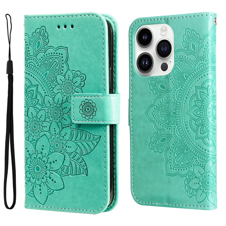For iPhone 15 Pro Seven-petal Flowers Embossing Leather Phone Case(Green) - HoMEdemic™ 