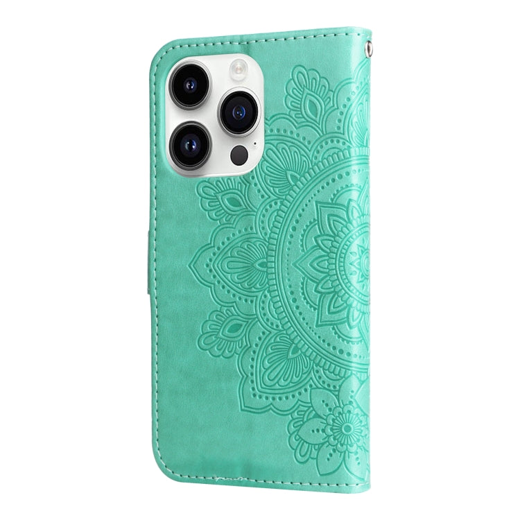 For iPhone 15 Pro Seven-petal Flowers Embossing Leather Phone Case(Green) - HoMEdemic™ 