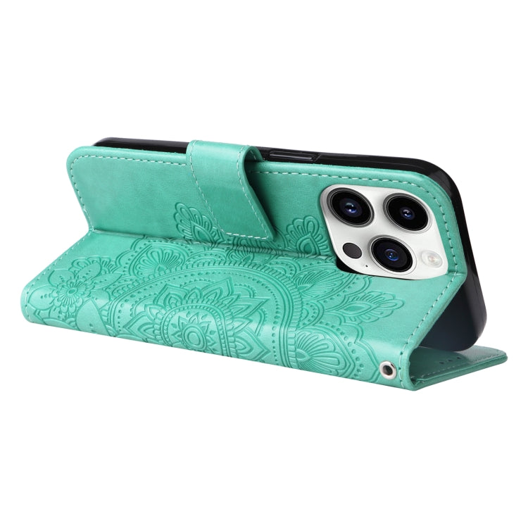 For iPhone 15 Pro Seven-petal Flowers Embossing Leather Phone Case(Green) - HoMEdemic™ 