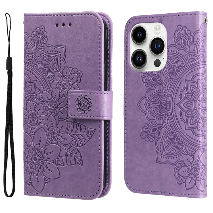 For iPhone 15 Pro Seven-petal Flowers Embossing Leather Phone Case(Light Purple) - HoMEdemic™ 