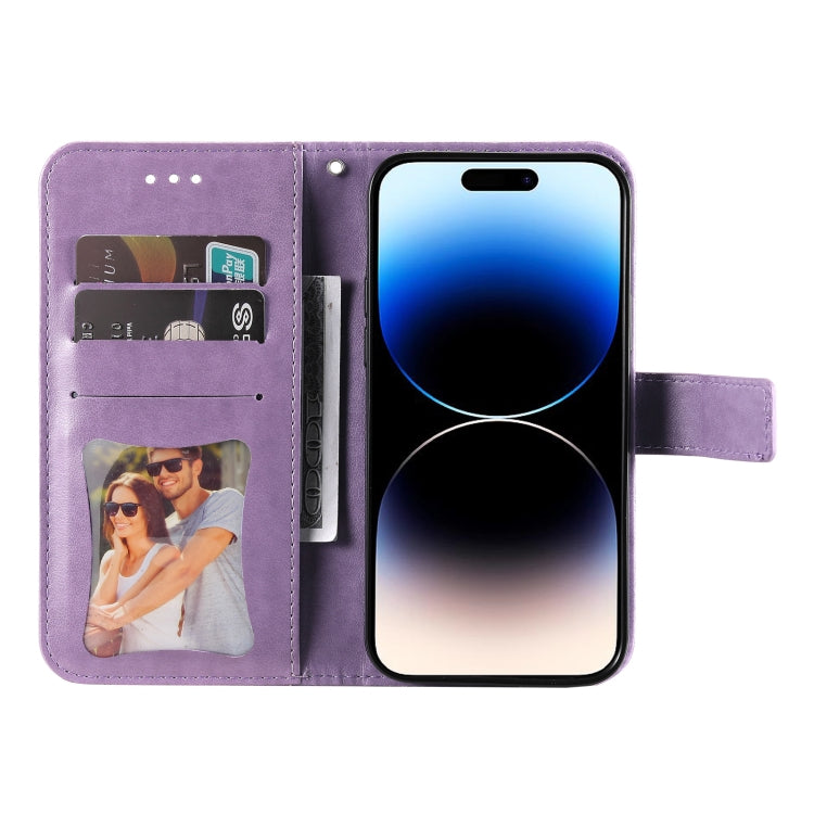 For iPhone 15 Pro Seven-petal Flowers Embossing Leather Phone Case(Light Purple) - HoMEdemic™ 
