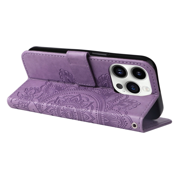For iPhone 15 Pro Seven-petal Flowers Embossing Leather Phone Case(Light Purple) - HoMEdemic™ 