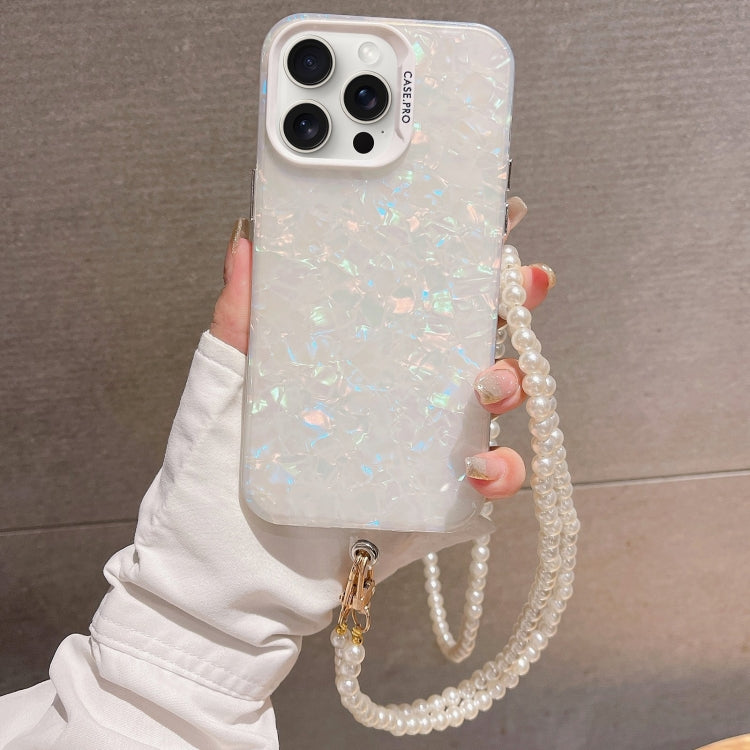 For iPhone 15 Pro Shell Texture Crossbody Pearl Chain TPU Hybrid Acrylic Phone Case(White) - HoMEdemic™ 