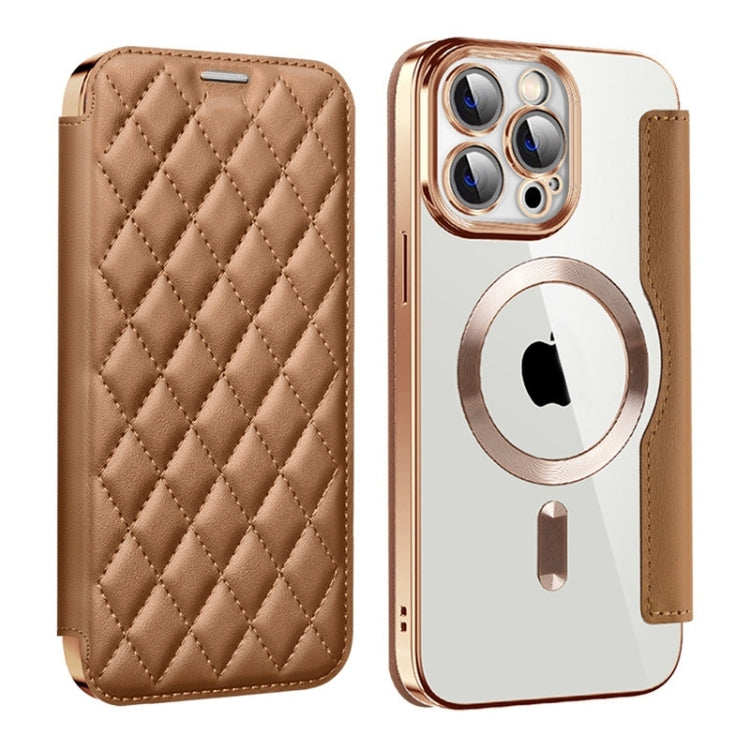 For iPhone 15 Pro Shield Magsafe RFID Anti-theft Rhombus Leather Phone Case(Brown) - HoMEdemic™ 