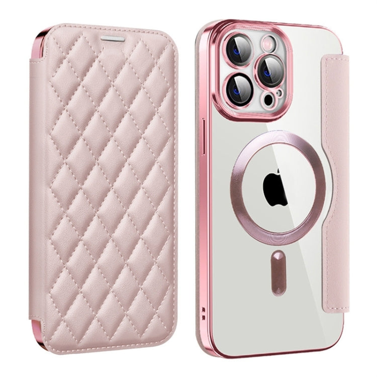For iPhone 15 Pro Shield Magsafe RFID Anti-theft Rhombus Leather Phone Case(Pink) - HoMEdemic™ 
