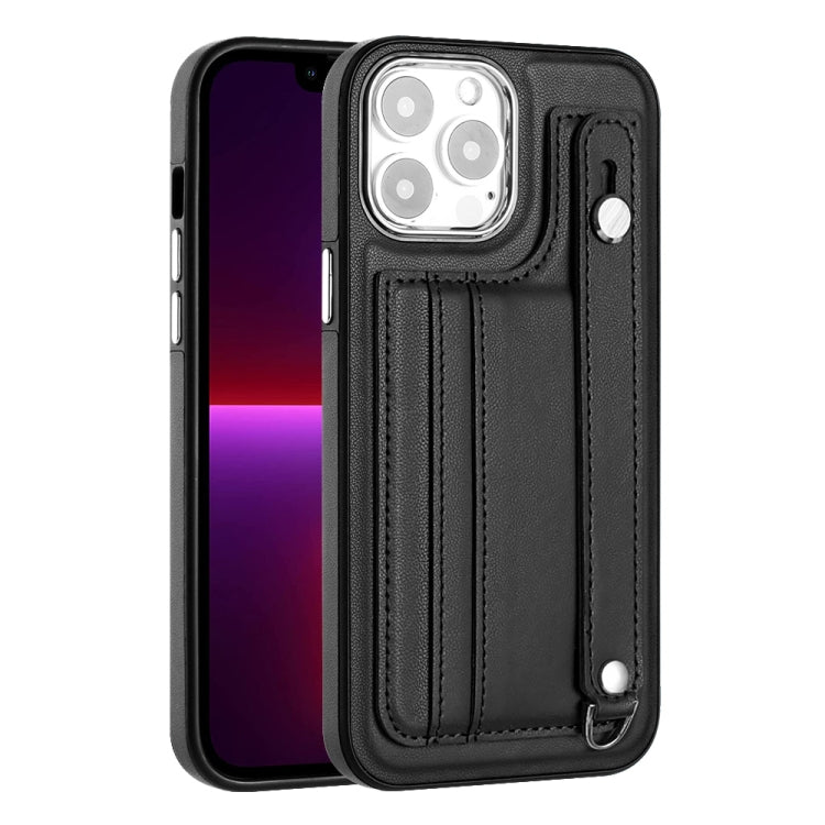 For iPhone 15 Pro Shockproof Leather Phone Case with Wrist Strap(Black) - HoMEdemic™ 