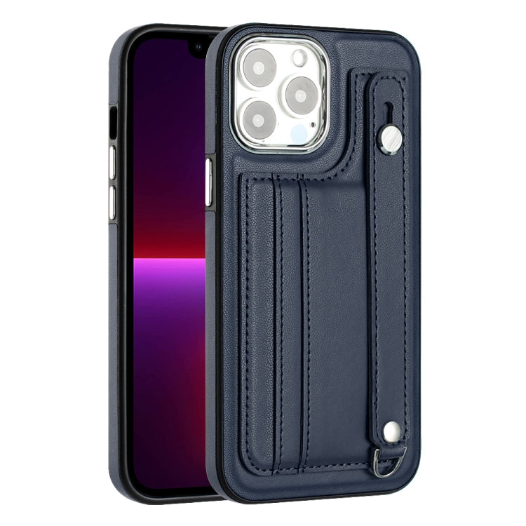 For iPhone 15 Pro Shockproof Leather Phone Case with Wrist Strap(Blue) - HoMEdemic™ 