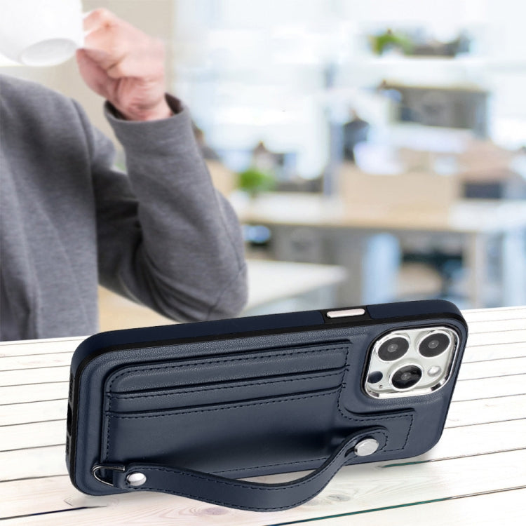 For iPhone 15 Pro Shockproof Leather Phone Case with Wrist Strap(Blue) - HoMEdemic™ 