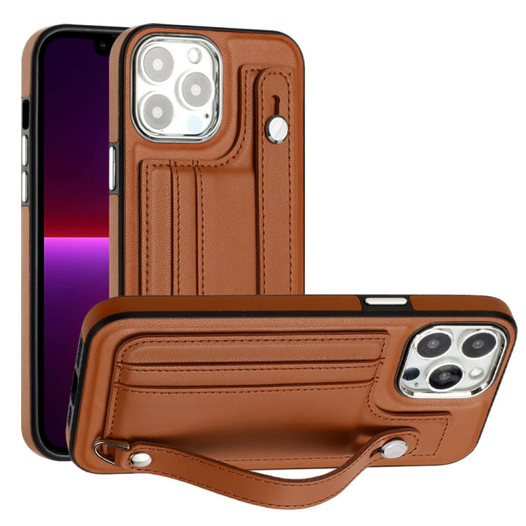 For iPhone 15 Pro Shockproof Leather Phone Case with Wrist Strap(Brown) - HoMEdemic™ 