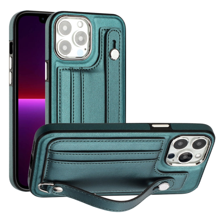 For iPhone 15 Pro Shockproof Leather Phone Case with Wrist Strap(Green) - HoMEdemic™ 