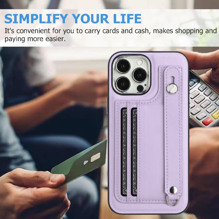 For iPhone 15 Pro Shockproof Leather Phone Case with Wrist Strap(Purple) - HoMEdemic™ 