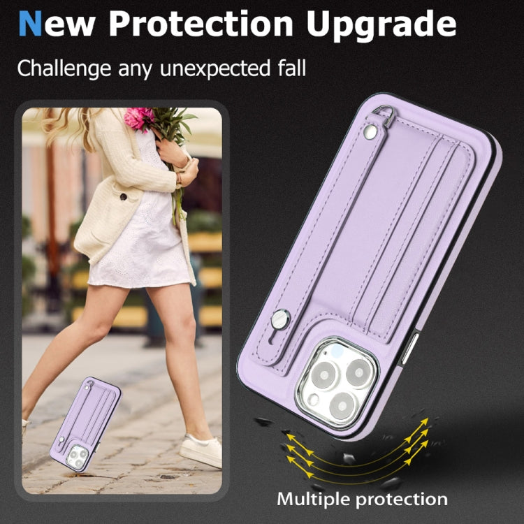 For iPhone 15 Pro Shockproof Leather Phone Case with Wrist Strap(Purple) - HoMEdemic™ 