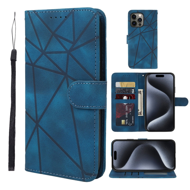 For iPhone 15 Pro Skin Feel Geometric Lines Leather Phone Case(Blue) - HoMEdemic™ 