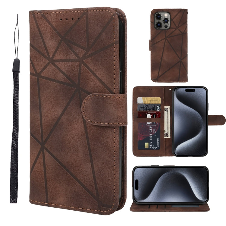 For iPhone 15 Pro Skin Feel Geometric Lines Leather Phone Case(Brown) - HoMEdemic™ 