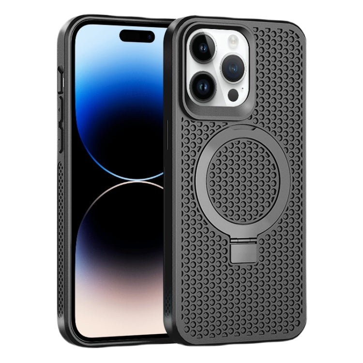 For iPhone 15 Pro Skin Feel PC+TPU Cooling Magnetic Magsafe Phone Case with Stand(Black) - HoMEdemic™ 