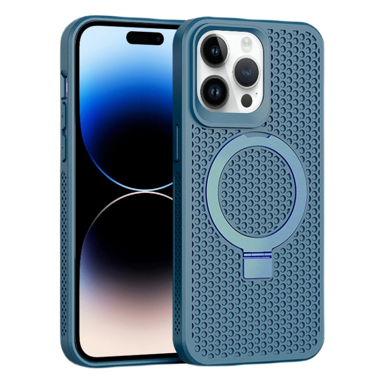 For iPhone 15 Pro Skin Feel PC+TPU Cooling Magnetic Magsafe Phone Case with Stand(Navy Blue) - HoMEdemic™ 