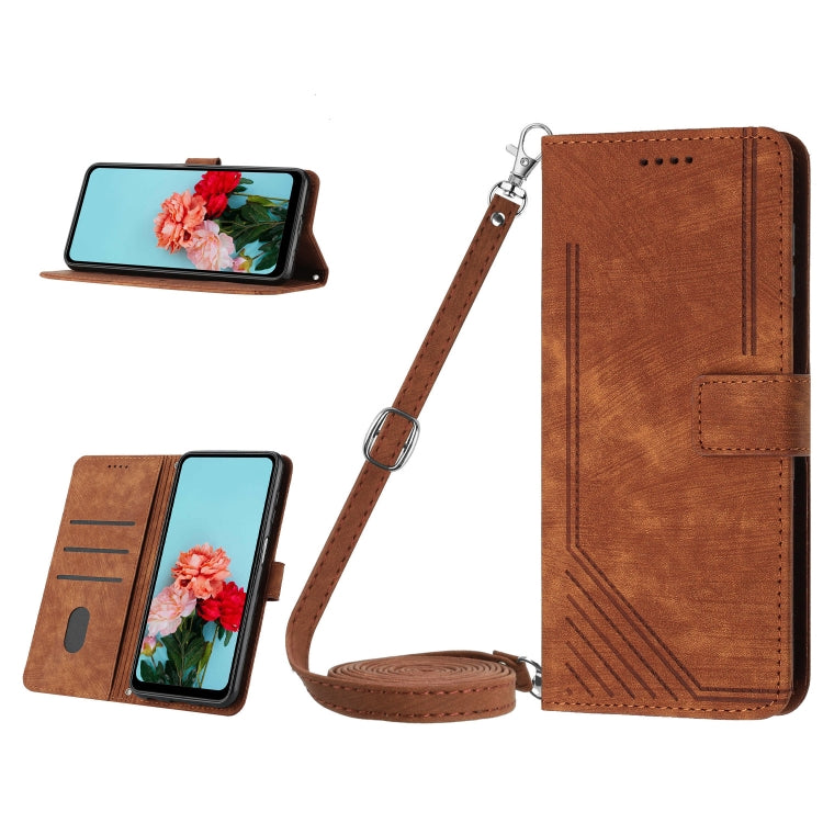 For iPhone 15 Pro Skin Feel Stripe Pattern Leather Phone Case with Lanyard(Brown) - HoMEdemic™ 