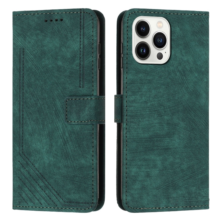 For iPhone 15 Pro Skin Feel Stripe Pattern Leather Phone Case with Lanyard(Green) - HoMEdemic™ 
