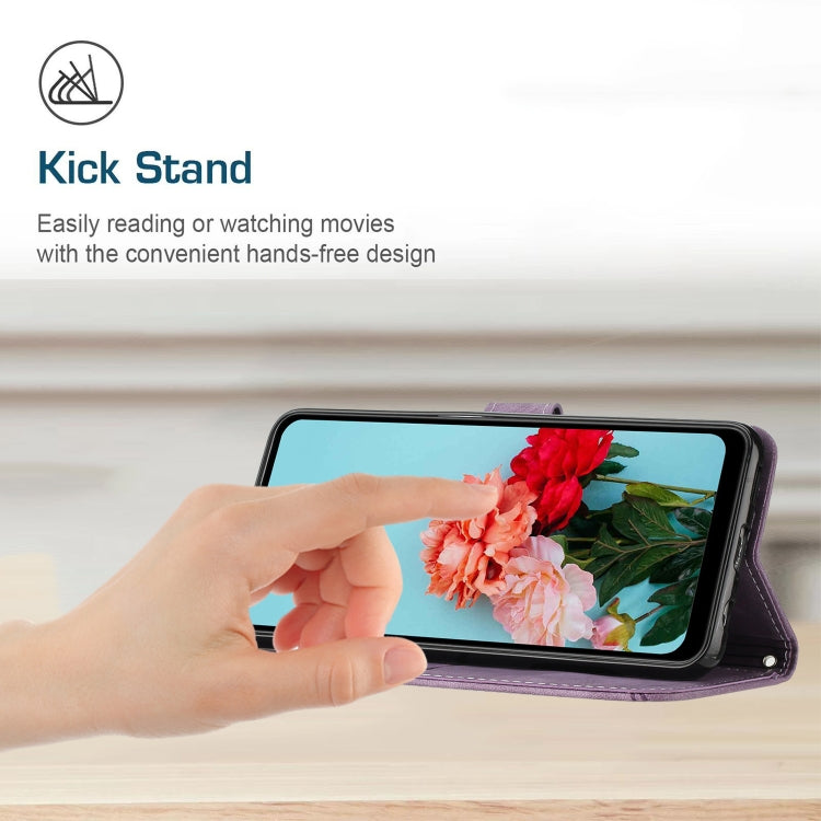 For iPhone 15 Pro Skin Feel Stripe Pattern Leather Phone Case with Lanyard(Purple) - HoMEdemic™ 