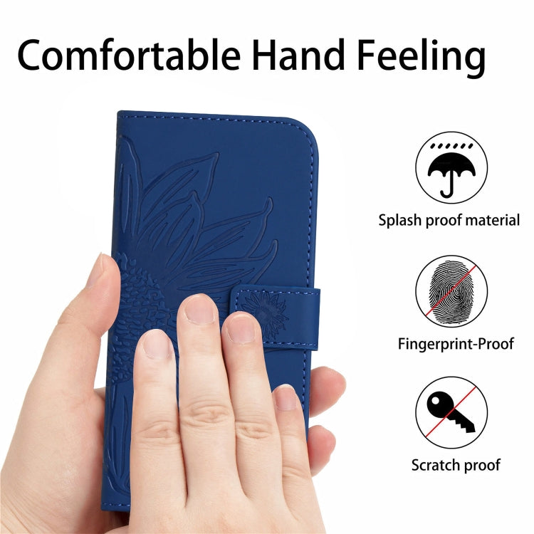 For iPhone 15 Pro Skin Feel Sun Flower Embossed Flip Leather Phone Case with Lanyard(Dark Blue) - HoMEdemic™ 