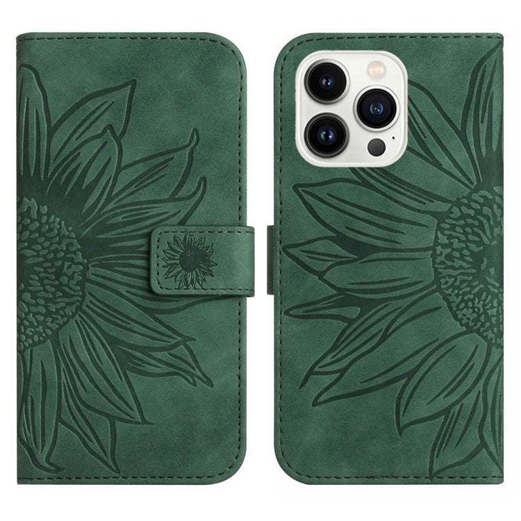 For iPhone 15 Pro Skin Feel Sun Flower Embossed Flip Leather Phone Case with Lanyard(Green) - HoMEdemic™ 
