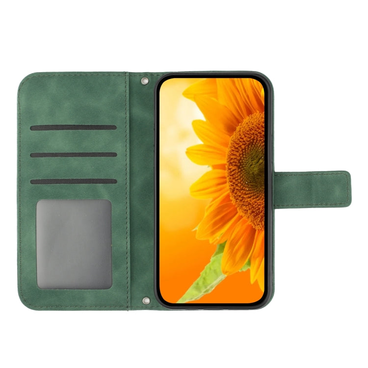 For iPhone 15 Pro Skin Feel Sun Flower Embossed Flip Leather Phone Case with Lanyard(Green) - HoMEdemic™ 