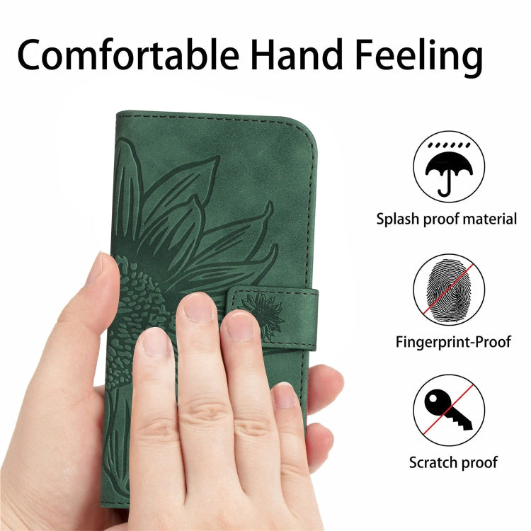 For iPhone 15 Pro Skin Feel Sun Flower Embossed Flip Leather Phone Case with Lanyard(Green) - HoMEdemic™ 