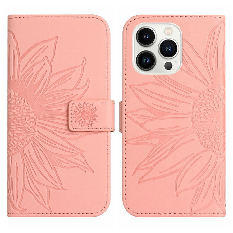 For iPhone 15 Pro Skin Feel Sun Flower Embossed Flip Leather Phone Case with Lanyard(Pink) - HoMEdemic™ 