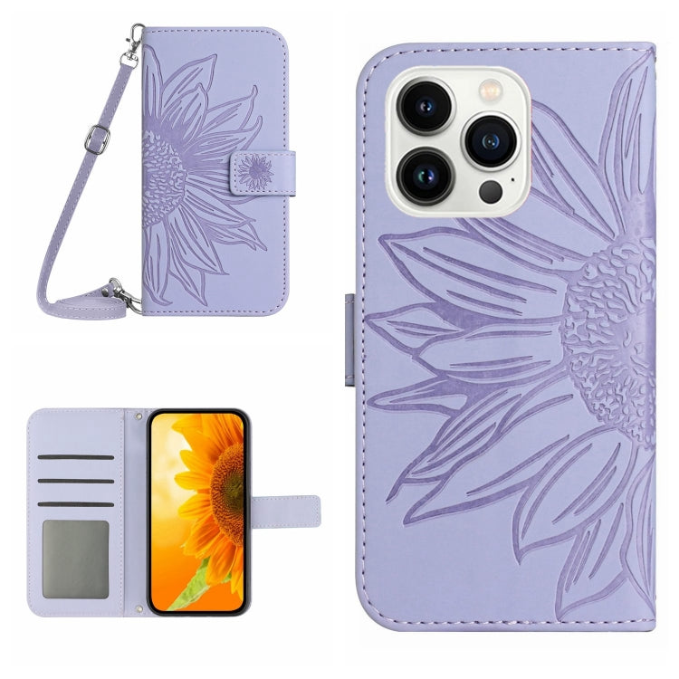 For iPhone 15 Pro Skin Feel Sun Flower Embossed Flip Leather Phone Case with Lanyard(Purple) - HoMEdemic™ 