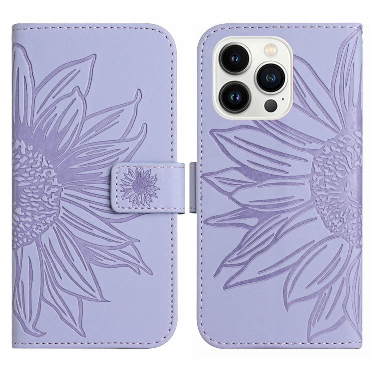 For iPhone 15 Pro Skin Feel Sun Flower Embossed Flip Leather Phone Case with Lanyard(Purple) - HoMEdemic™ 