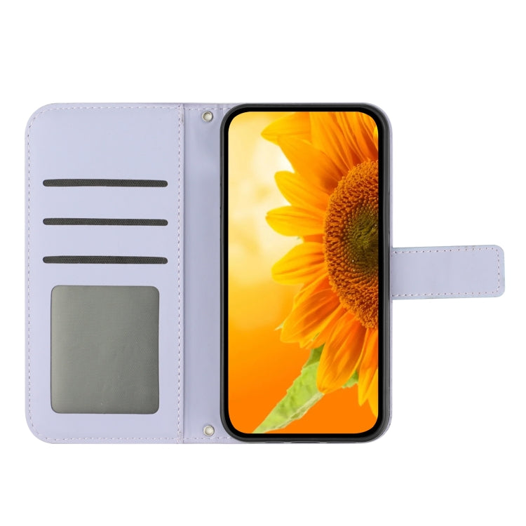 For iPhone 15 Pro Skin Feel Sun Flower Embossed Flip Leather Phone Case with Lanyard(Purple) - HoMEdemic™ 