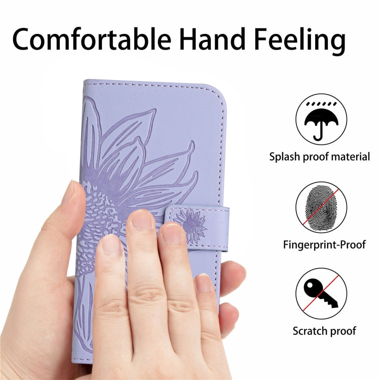 For iPhone 15 Pro Skin Feel Sun Flower Embossed Flip Leather Phone Case with Lanyard(Purple) - HoMEdemic™ 