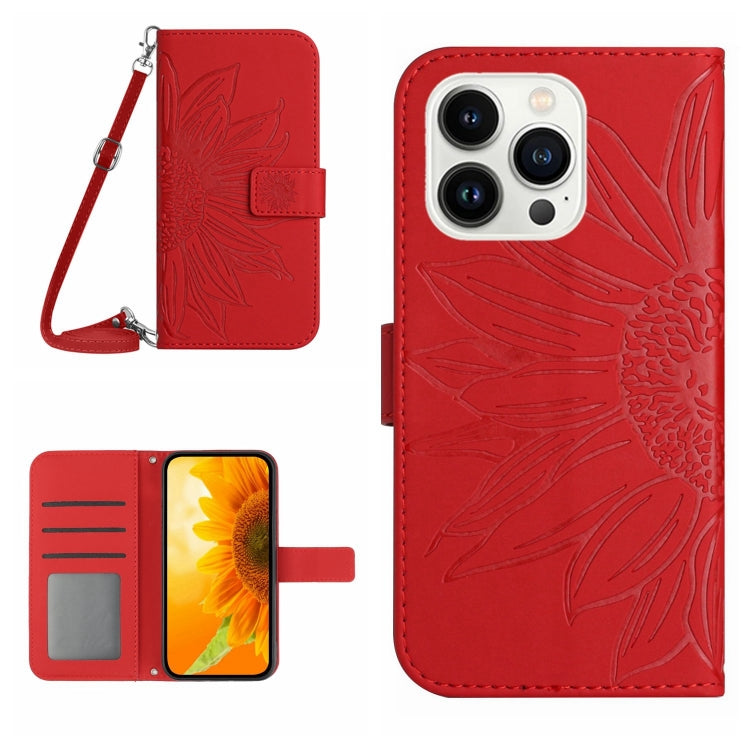 For iPhone 15 Pro Skin Feel Sun Flower Embossed Flip Leather Phone Case with Lanyard(Red) - HoMEdemic™ 