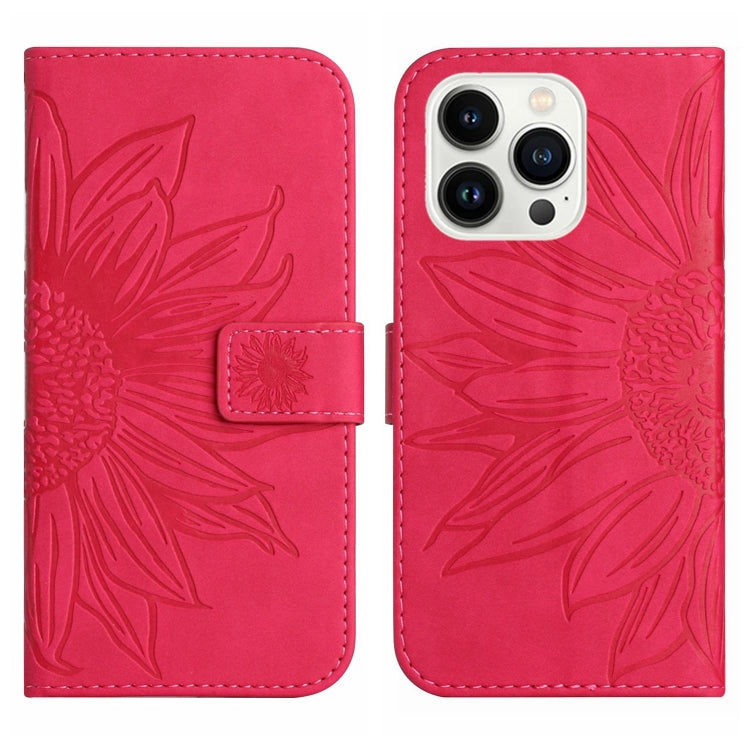 For iPhone 15 Pro Skin Feel Sun Flower Embossed Flip Leather Phone Case with Lanyard(Rose Red) - HoMEdemic™ 
