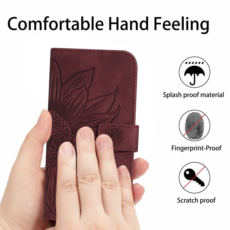 For iPhone 15 Pro Skin Feel Sun Flower Embossed Flip Leather Phone Case with Lanyard(Wine Red) - HoMEdemic™ 