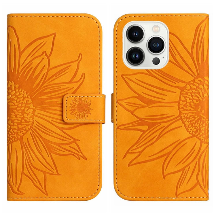 For iPhone 15 Pro Skin Feel Sun Flower Embossed Flip Leather Phone Case with Lanyard(Yellow) - HoMEdemic™ 