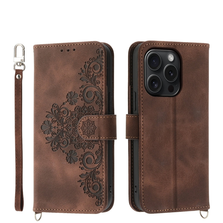 For iPhone 15 Pro Skin-feel Flowers Embossed Wallet Leather Phone Case(Brown) - HoMEdemic™ 