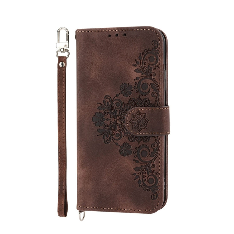 For iPhone 15 Pro Skin-feel Flowers Embossed Wallet Leather Phone Case(Brown) - HoMEdemic™ 