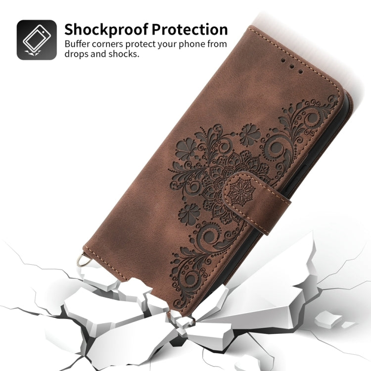 For iPhone 15 Pro Skin-feel Flowers Embossed Wallet Leather Phone Case(Brown) - HoMEdemic™ 