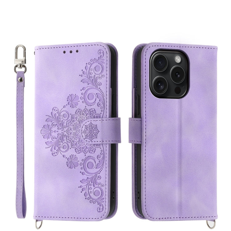 For iPhone 15 Pro Skin-feel Flowers Embossed Wallet Leather Phone Case(Purple) - HoMEdemic™ 