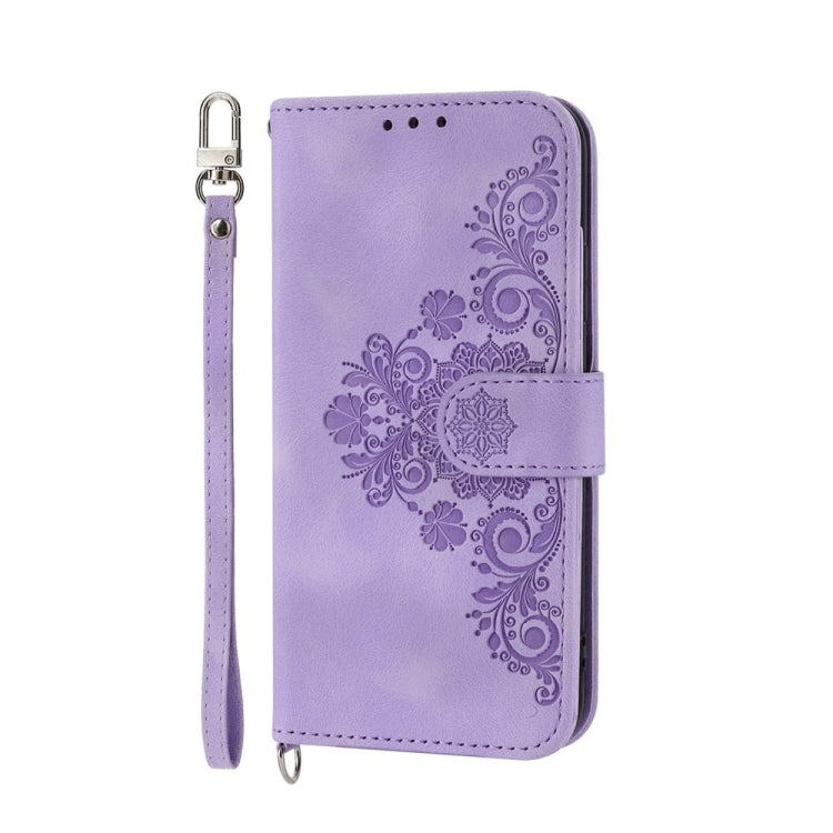 For iPhone 15 Pro Skin-feel Flowers Embossed Wallet Leather Phone Case(Purple) - HoMEdemic™ 