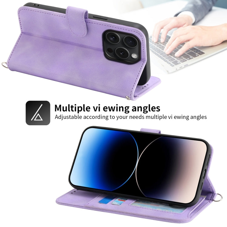 For iPhone 15 Pro Skin-feel Flowers Embossed Wallet Leather Phone Case(Purple) - HoMEdemic™ 