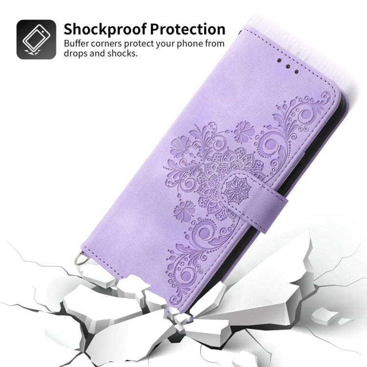 For iPhone 15 Pro Skin-feel Flowers Embossed Wallet Leather Phone Case(Purple) - HoMEdemic™ 