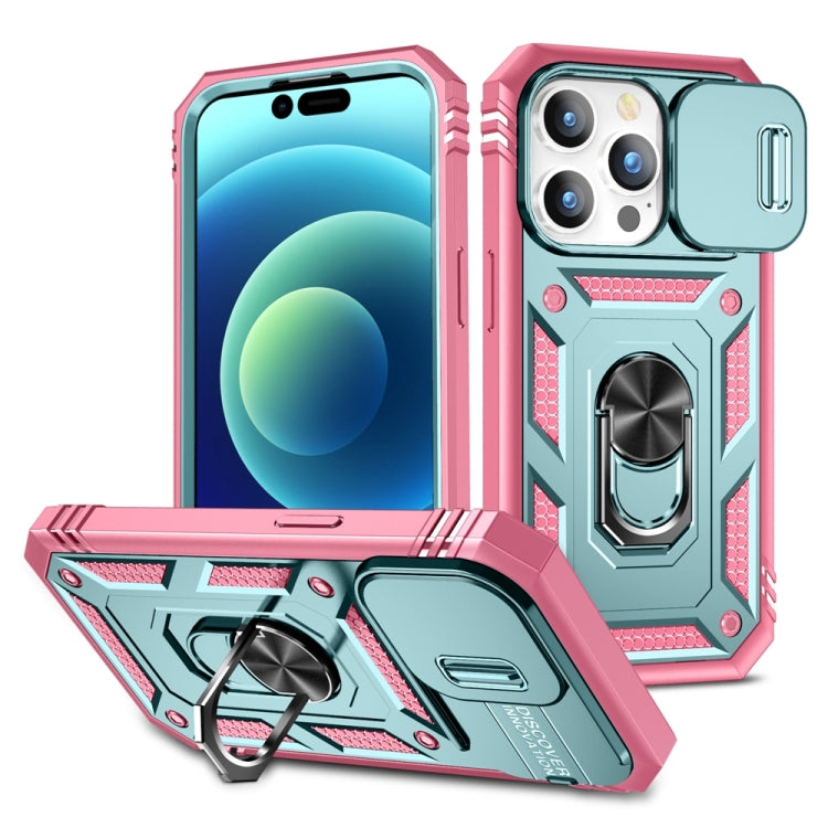 For iPhone 15 Pro Sliding Camshield Holder Phone Case(Green+Pink) - HoMEdemic™ 