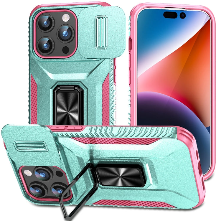 For iPhone 15 Pro Sliding Camshield Holder Phone Case(Grey Green + Pink) - HoMEdemic™ 
