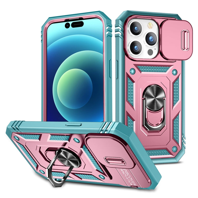 For iPhone 15 Pro Sliding Camshield Holder Phone Case(Pink+Green) - HoMEdemic™ 